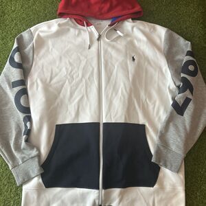 Polo Ralph Lauren Logo White Gray Red Men’s Fleece Hoodie Full Zip 2XLT Tall Big